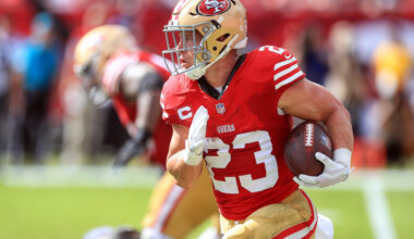 Christian McCaffrey rushes for the November Dynasty Fantasy Football Calendar