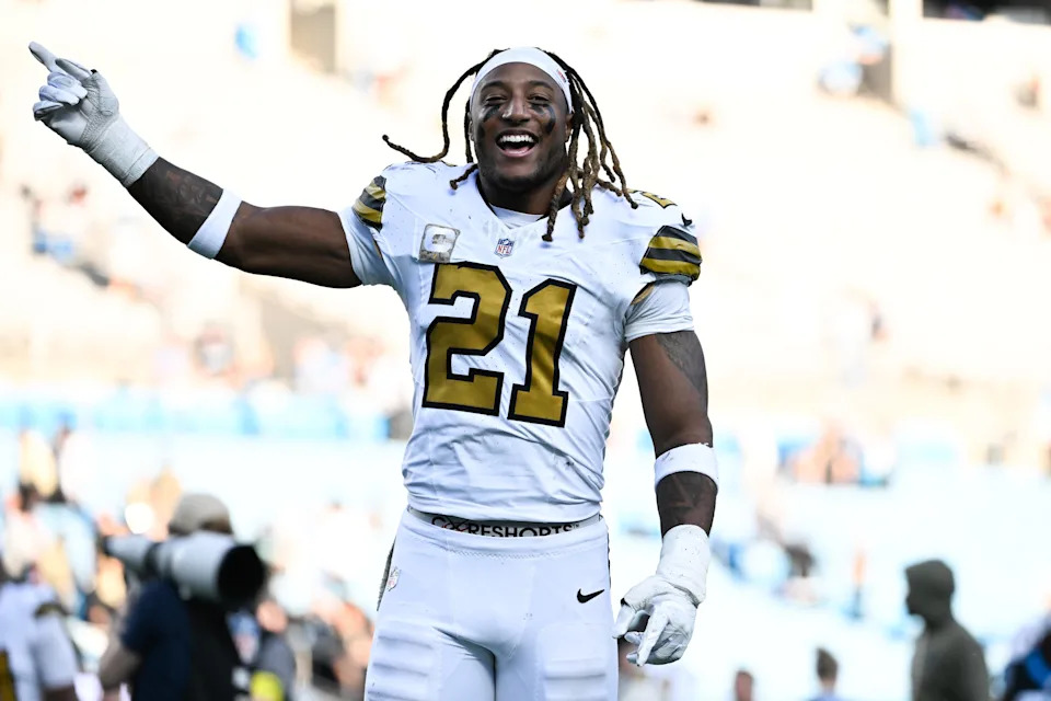 Nov 9, 2025; Charlotte, North Carolina, USA; New Orleans Saints safety Justin Reid (21) celebrates after the game against the Carolina Panthers at Bank of America Stadium. Mandatory Credit: Bob Donnan-Imagn Images