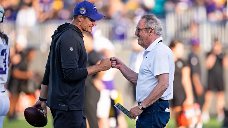 Kevin O'Connell speaks with Vikings owner Ziggy Wilf during training camp at TCO Stadium in Eagan. Vikings free agent tracker 2026