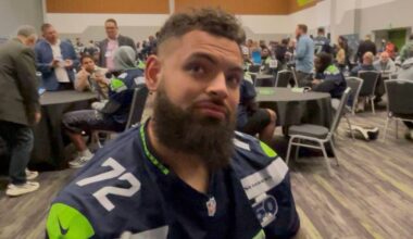 Seattle Seahawks right tackle Abraham Lucas speaks with the Herald at the San Jose Convention Center on Wednesday, Feb. 4, 2026. (Aaron Coe / The Herald)