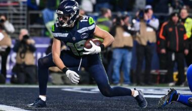 Seahawks receiver Jake Bobo catches a touchdown pass against the Los Angeles Rams in the NFC Championship Game at Lumen Field in Seattle, Washington on Sunday, Jan. 25, 2026. (Photo courtesy of the Seattle Seahawks)