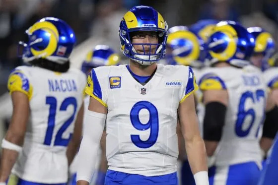 Los Angeles Rams quarterback Matthew Stafford (9) reacts in the first half during the NFC Wild Card Round game at Bank of America Stadium on Jan 10, 2026.
