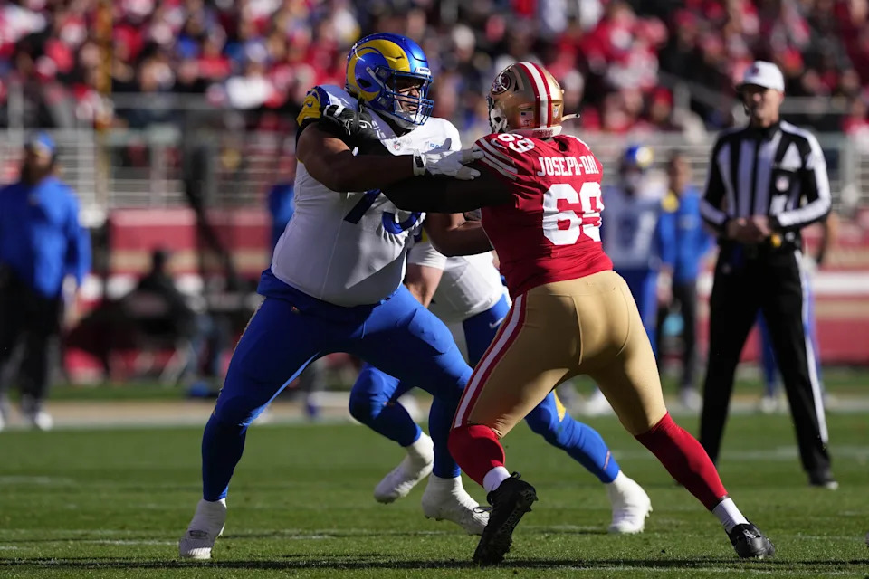 Los Angeles Rams offensive tackle Rob Havenstein blocks San Francisco 49ers defensive tackle Sebastian Joseph-Day in Jan. 2024