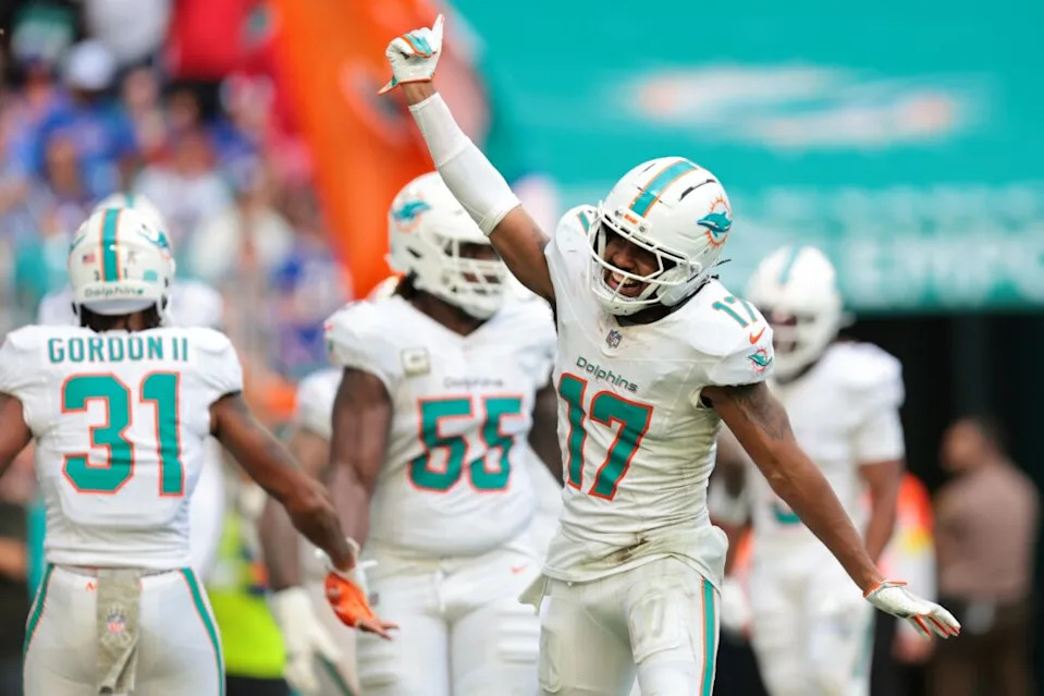 Nov 9, 2025; Miami Gardens, Florida, USA; Miami Dolphins wide receiver Jaylen Waddle (17) celebrates after a Dolphins touchdown during the second half against the Buffalo Bills at Hard Rock Stadium. Mandatory Credit: Sam Navarro-Imagn Images