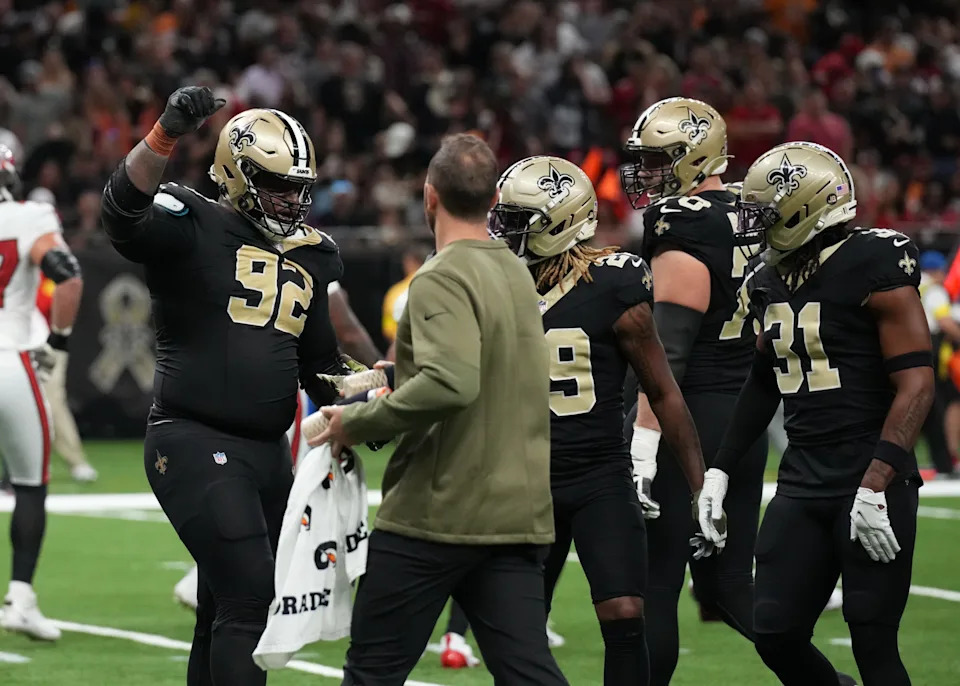 Oct 26, 2025; New Orleans, Louisiana, USA; New Orleans Saints defensive tackle Davon Godchaux (92) reacts during the first quarter against the Tampa Bay Buccaneers at Caesars Superdome. Mandatory Credit: Matthew Hinton-Imagn Images