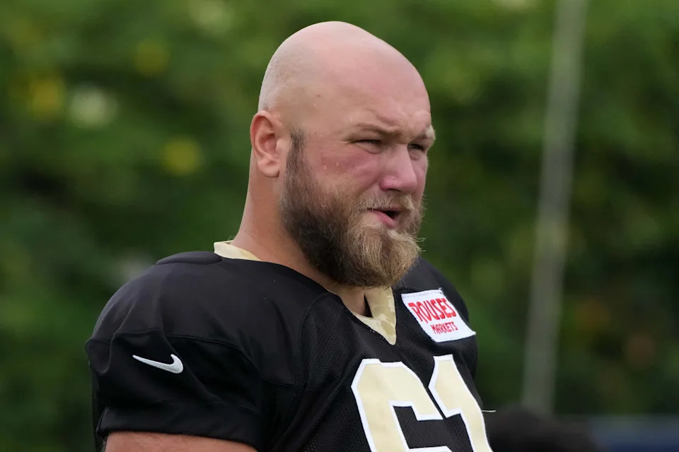 Aug 14, 2025; Carson, CA, USA; New Orleans Saints guard Mike Panasiuk (61) during a joint practice against the Los Angeles Rams at the Dignity Health Sports Park. Mandatory Credit: Kirby Lee-Imagn Images
