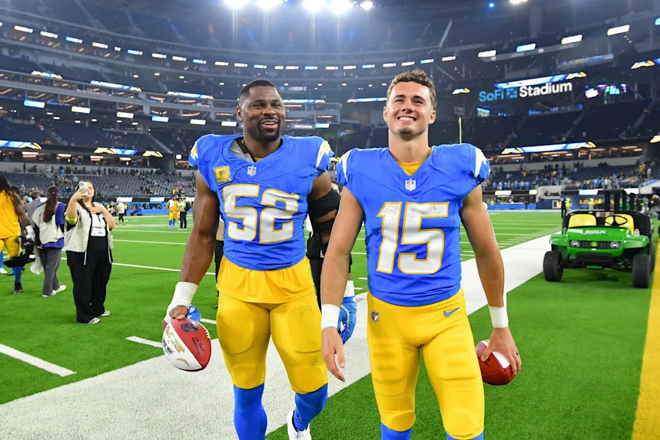 <p>Nov 9, 2025; Inglewood, California, USA; Los Angeles Chargers linebacker Khalil Mack (52) and wide receiver Ladd McConkey (15) leave the field after the game against the Pittsburgh Steelers at SoFi Stadium. Mandatory Credit: Gary A. Vasquez-Imagn Images</p><br>