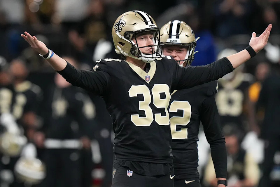 Dec 14, 2025; New Orleans, Louisiana, USA; New Orleans Saints place kicker Charlie Smyth (39) reacts after kicking the game winning field goal for a 20-17 win over the Carolina Panthers in the fourth quarter at Caesars Superdome. Mandatory Credit: Matthew Hinton-Imagn Images