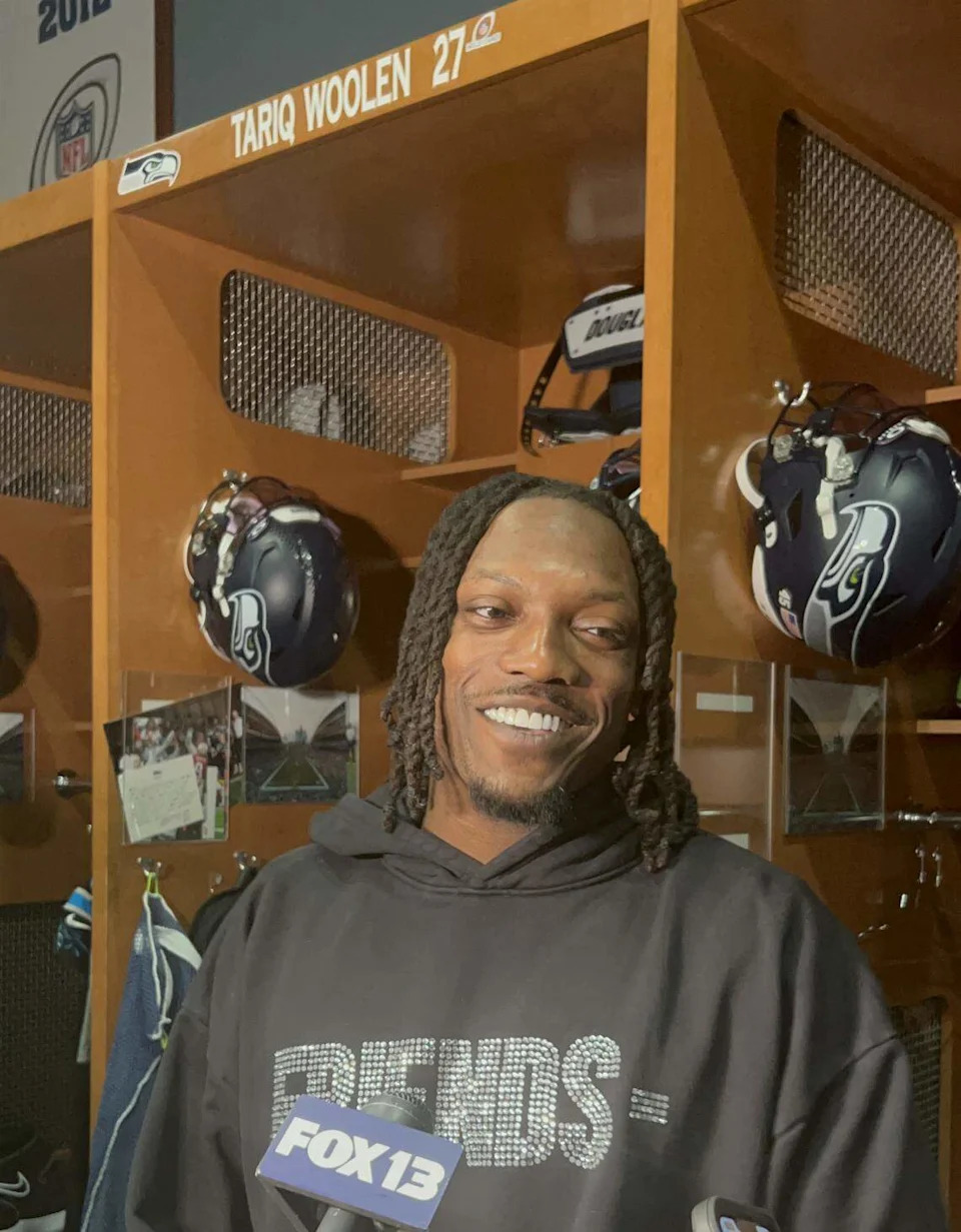 Tariq Woolen talking in the Seahawks locker room at the Virginia Mason Athletic Center in Renton Tuesday, Feb. 10, 2026, two days after he and his team won Super Bowl 60 in Santa Clara, California.