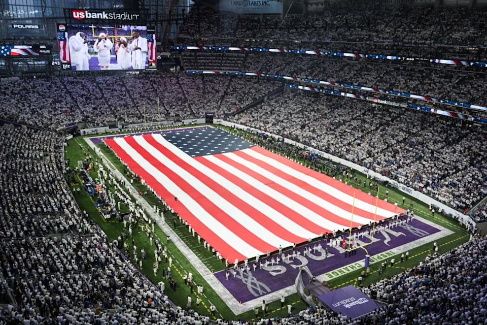 A general view inside the stadium during the national anthem before the game between the Minnesota Vikings and the Detroit Lions at U.S. Bank Stadium.