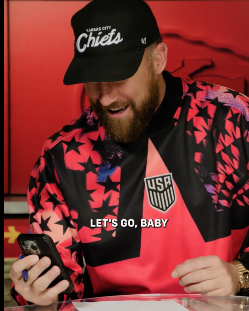 Travis Kelce greets Patrick Mahomes on a FaceTime call while he signs his new deal with the Chiefs on Monday. X @Chiefs