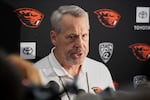 FILE - Oregon State athletic director Scott Barnes talks with press before an NCAA football game against Oregon, Sept. 14, 2024, in Corvallis, Ore.