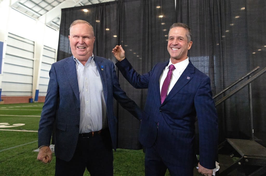 Giants owner John Mara (l.) and head coach John Harbaugh (r.) during Harbaugh’s introduction on Jan. 20, 2026. Charles Wenzelberg / New York Post