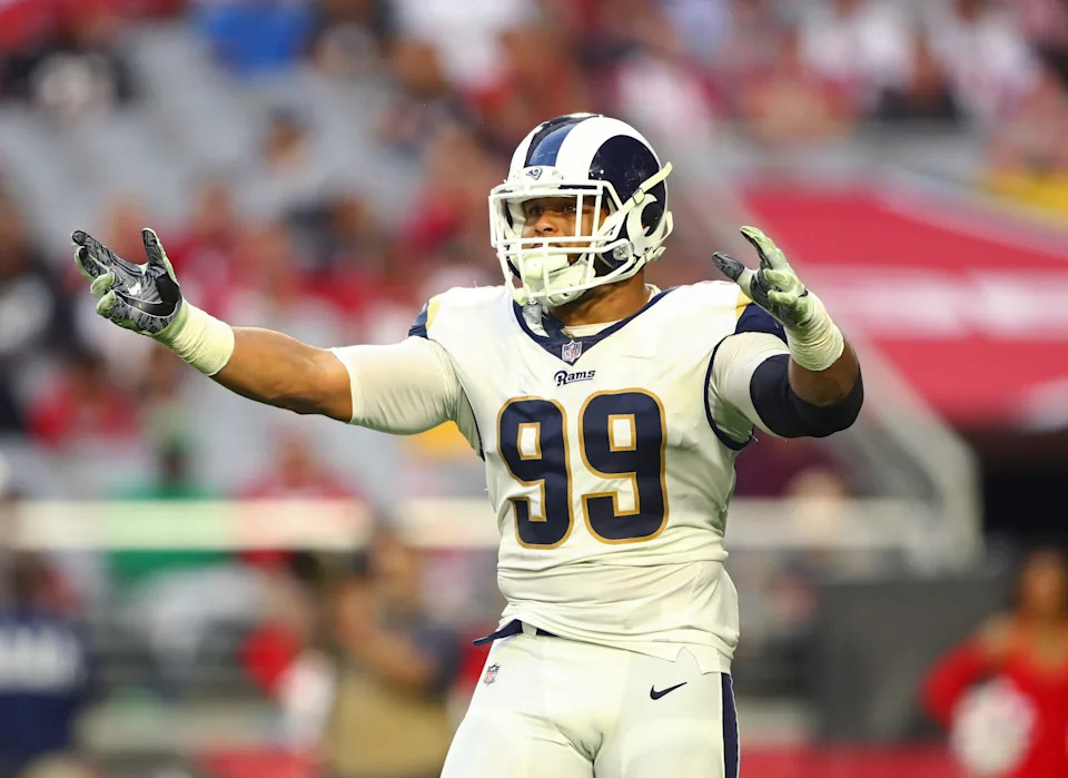Dec 23, 2018; Glendale, AZ, USA; Los Angeles Rams defensive tackle Aaron Donald (99) celebrates a second half sack against the Arizona Cardinals at State Farm Stadium.