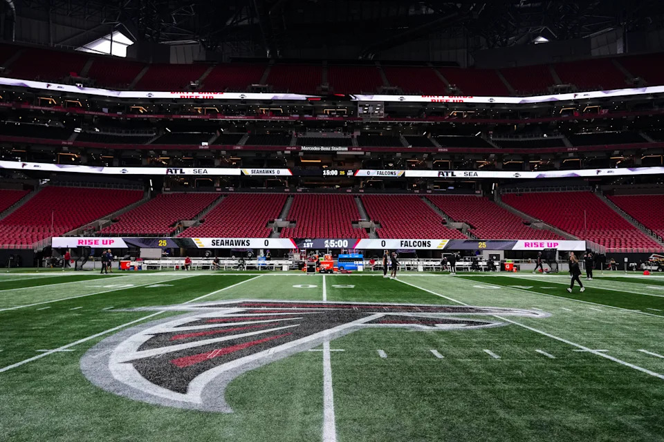 ATLANTA, GEORGIA - DECEMBER 07:  Detail view of the Atlanta Falcons logo prior to an NFL football game between the Seattle Seahawks and the Atlanta Falcons at Mercedes-Benz Stadium on December 7, 2025 in Atlanta, Georgia. (Photo by Perry Knotts/Getty Images)
