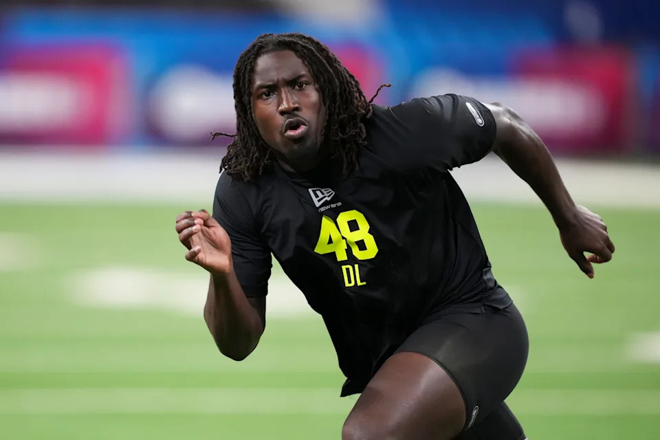 Feb 26, 2026; Indianapolis, IN, USA; UCF defensive lineman Malachi Lawrence (DL48 during the NFL Scouting Combine at Lucas Oil Stadium. Mandatory Credit: Kirby Lee-Imagn Images