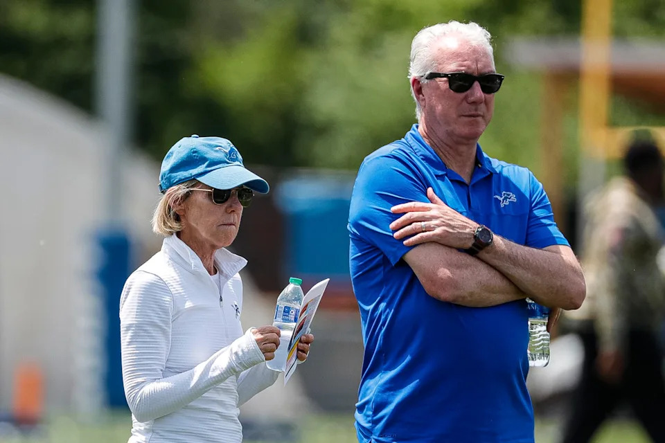 Detroit Lions principal owner and chair Sheila Ford Hamp watches practice with president and CEO Rod Wood during minicamp at the Lions headquarters and practice facility in Allen Park on Tuesday, June 4, 2024.