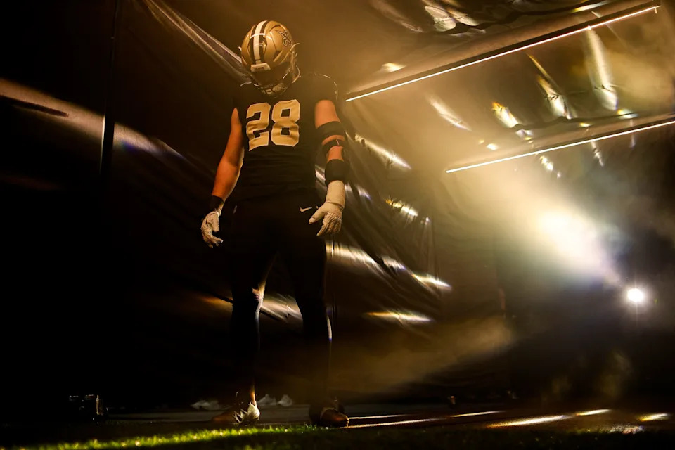 NEW ORLEANS, LOUISIANA - DECEMBER 14: Danny Stutsman #28 of the New Orleans Saints looks on before the game against the Carolina Panthers at Caesars Superdome on December 14, 2025 in New Orleans, Louisiana. (Photo by Sean Gardner/Getty Images)