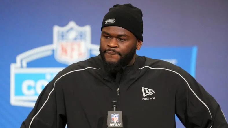 Caleb Banks speaking to reporters during the NFL Scouting Combine in Indianapolis.