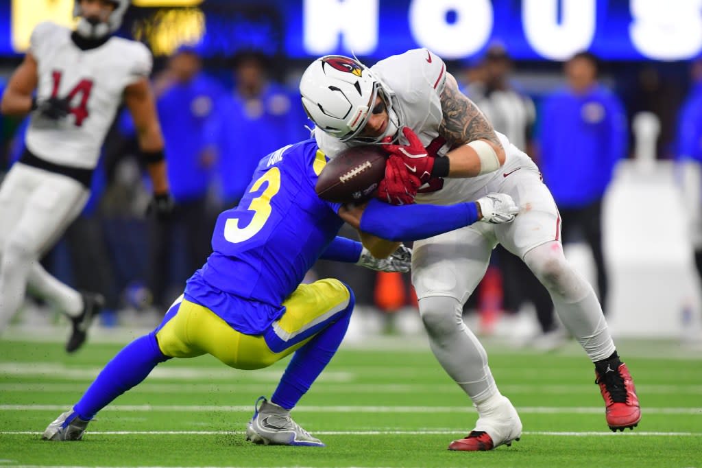 Los Angeles Rams safety Kam Curl breaks up the pass to Arizona Cardinals tight end Trey McBride during the second half at SoFi Stadium. Mandatory Credit: Gary A. Vasquez-Imagn Images Gary A. Vasquez-Imagn Images