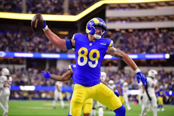 Los Angeles Rams tight end Tyler Higbee (89) spikes the ball after scoring a touchdown against the Arizona Cardinals during the second half at SoFi Stadium on Jan 4, 2026.