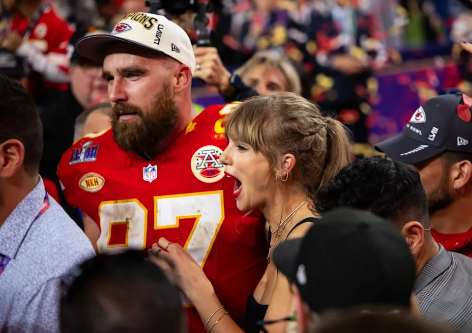 Kansas City Chiefs tight end Travis Kelce and fiancee Taylor Swift following Super Bowl LVIII.Mark J&period; Rebilas-USA TODAY Sports via Imagn Images