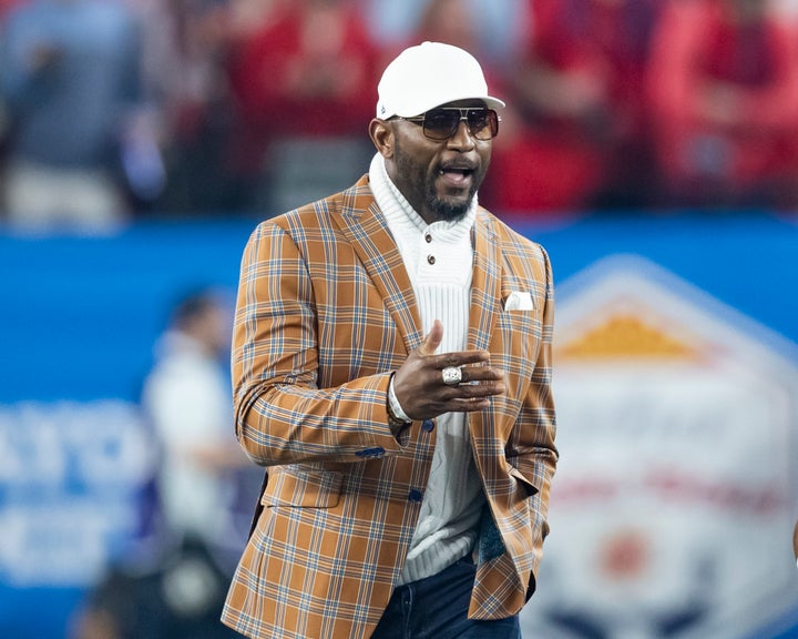 Ray Lewis encourages the Miami Hurricanes football team prior to a College Football Playoff Semifinal game at State Farm Stadium on Jan. 8, 2026, in Glendale.