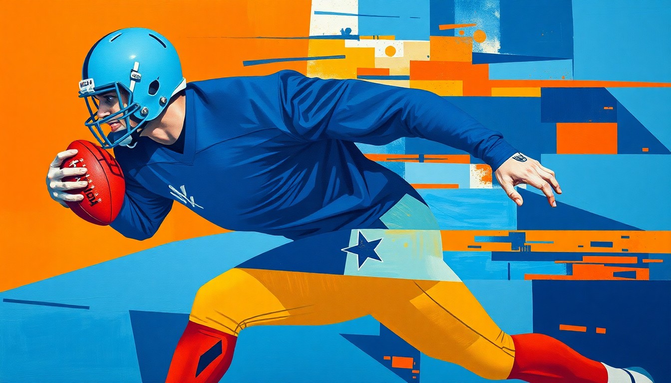 A fragmented, cubist-style painting depicting a football player in motion, with their body broken down into sharp, overlapping geometric shapes in shades of blue and orange, conveying the conceptual idea of a player