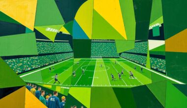 A cubist, geometric painting depicting a football game in progress, with the players and field broken down into sharp, overlapping planes of green, gold, and navy blue, conveying the strategic and analytical approach of the Packers