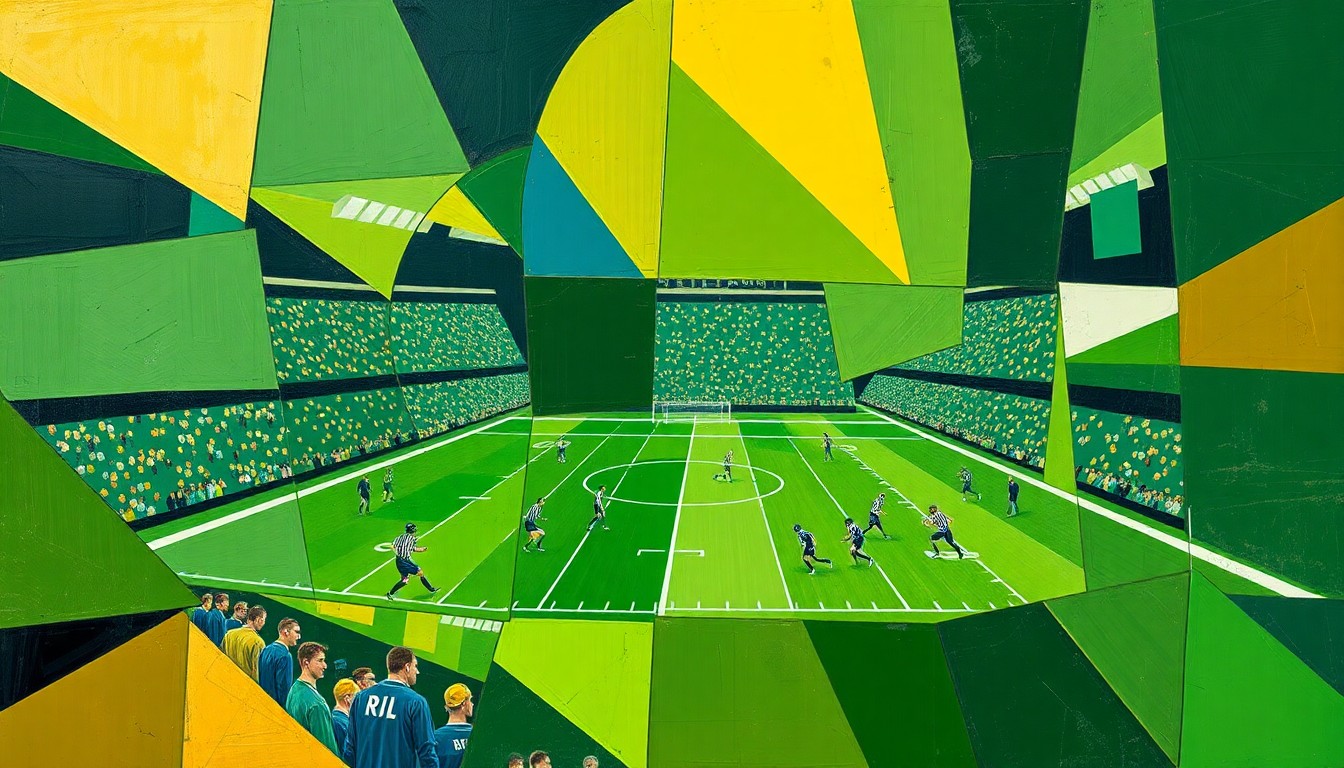 A cubist, geometric painting depicting a football game in progress, with the players and field broken down into sharp, overlapping planes of green, gold, and navy blue, conveying the strategic and analytical approach of the Packers