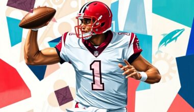 A cubist, geometric painting depicting a football quarterback in motion, with sharp, overlapping planes of color representing the official team colors of the Atlanta Falcons and Miami Dolphins. The player