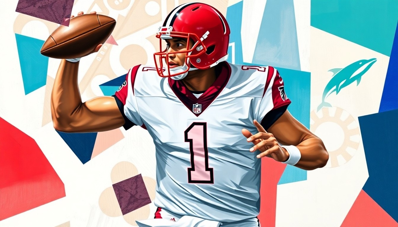 A cubist, geometric painting depicting a football quarterback in motion, with sharp, overlapping planes of color representing the official team colors of the Atlanta Falcons and Miami Dolphins. The player