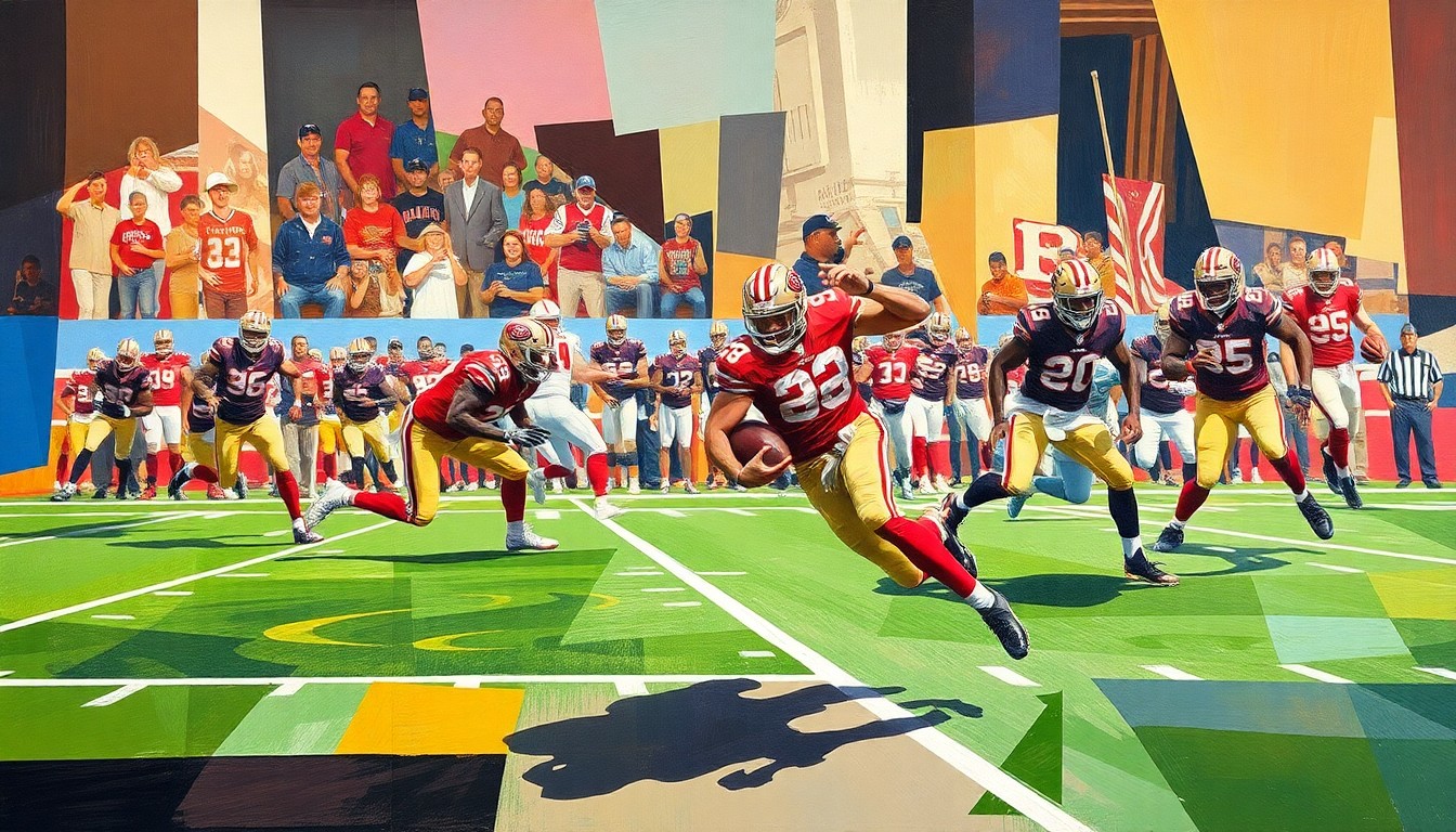 A fragmented, geometric painting depicting a 49ers running play with Christian McCaffrey, the shapes and planes capturing the motion and energy of the action.