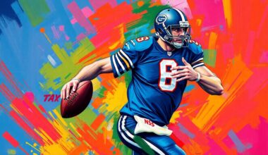 An abstract painting in neon colors and dynamic brushstrokes depicting the powerful movements of an NFL quarterback, conceptually representing the Rams