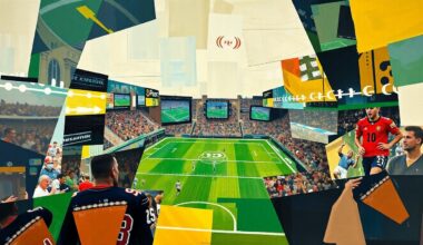 A fragmented, geometric painting depicting the movement and energy of a football game, with sharp planes of color and form representing the defensive players in action.