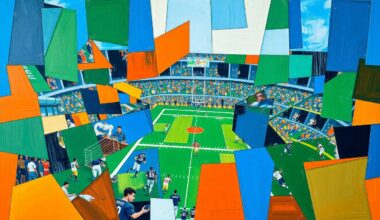 A fragmented, geometric painting depicting the chaotic energy of an NFL draft or football game, with sharp planes of color representing the various moving parts of the Jets