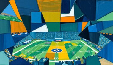A cubist, geometric painting in navy, green, and orange hues, depicting fragmented and overlapping shapes that represent the complex challenges of promoting diversity in the NFL