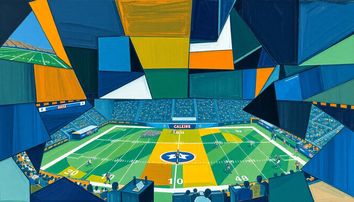 A cubist, geometric painting in navy, green, and orange hues, depicting fragmented and overlapping shapes that represent the complex challenges of promoting diversity in the NFL