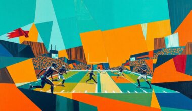 A cubist, geometric painting depicting a flag football game, with players and the field broken down into sharp, overlapping planes of teal, orange, and navy blue, conveying the fast-paced, high-skill nature of the sport.