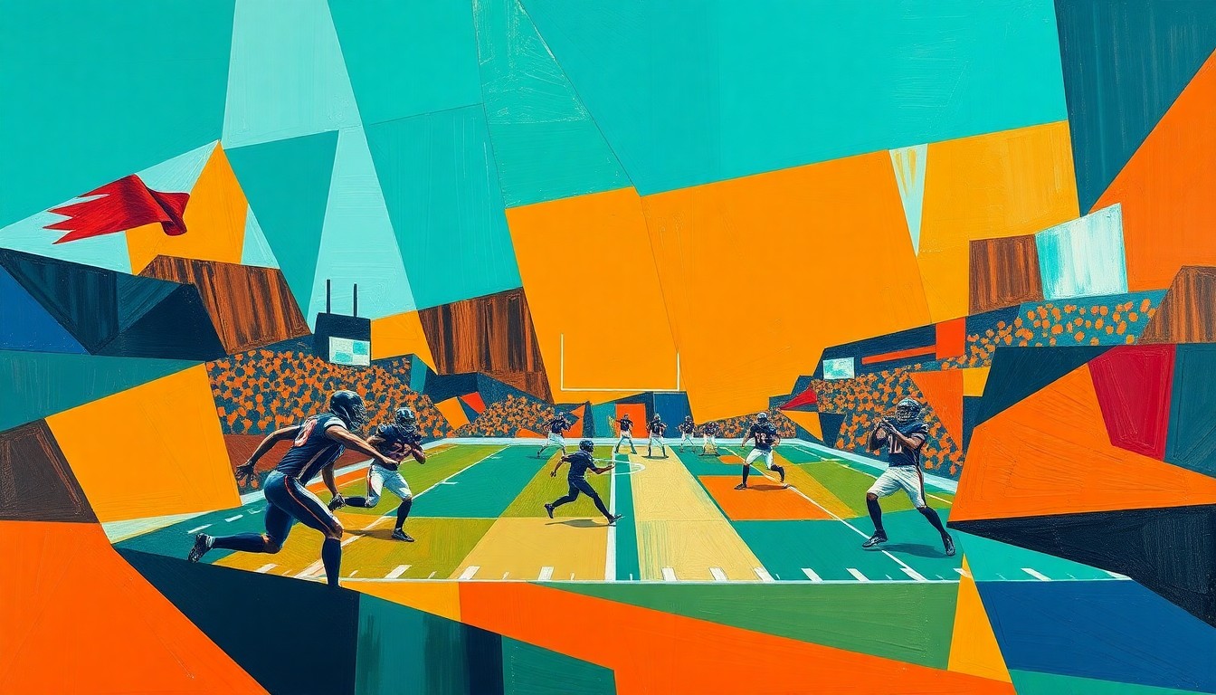 A cubist, geometric painting depicting a flag football game, with players and the field broken down into sharp, overlapping planes of teal, orange, and navy blue, conveying the fast-paced, high-skill nature of the sport.