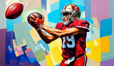 A cubist, geometric painting depicting a football player in mid-catch, with the player