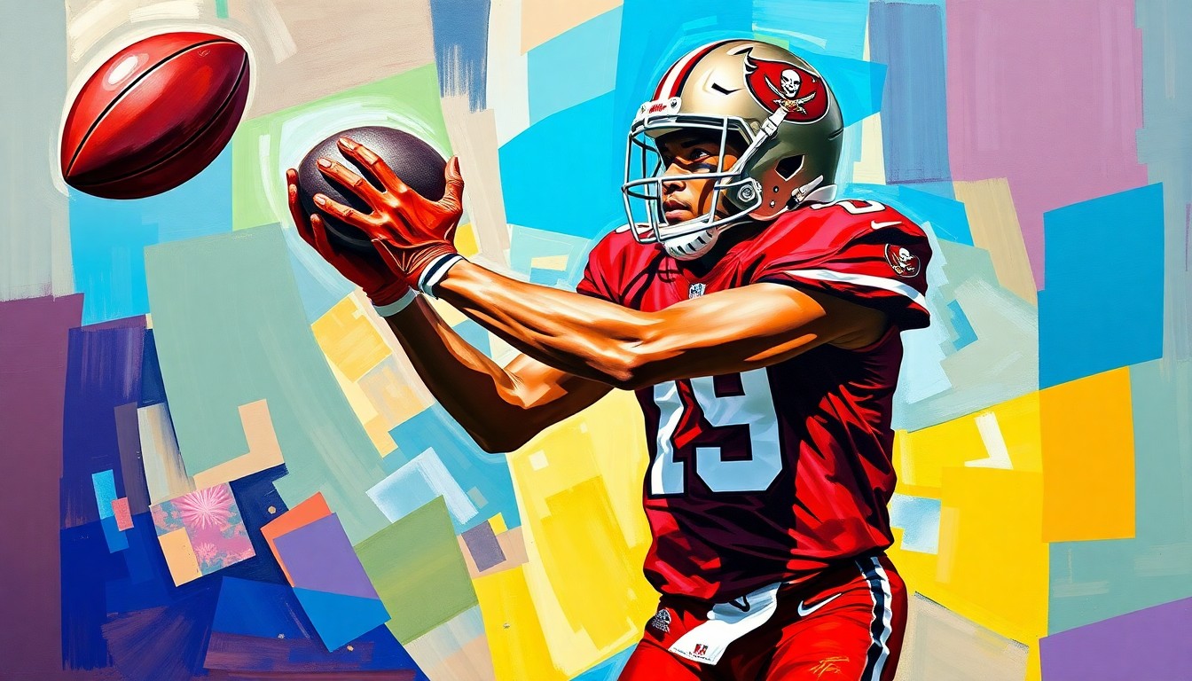 A cubist, geometric painting depicting a football player in mid-catch, with the player
