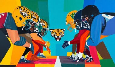 A fragmented, abstract painting in the style of Pablo Picasso, featuring sharp, overlapping geometric shapes in the Jaguars