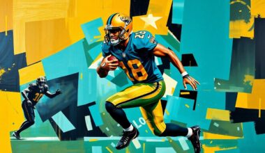 A fractured, geometric painting depicting the movements and actions of a football player, rendered in bold teal, gold, and black colors to represent the Jacksonville Jaguars team.