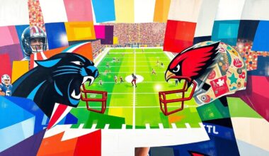 A cubist, geometric painting depicting a football game in motion, with sharp, overlapping planes of the team colors of the Carolina Panthers and Arizona Cardinals, conveying the dynamic energy and competition of the sport.