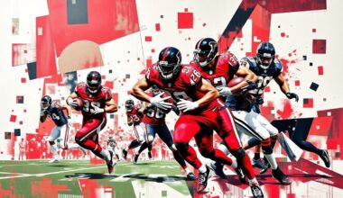 A fractured, geometric painting in the colors of the Atlanta Falcons, with sharp planes and angles representing the motion and energy of a football game, conceptually illustrating the team