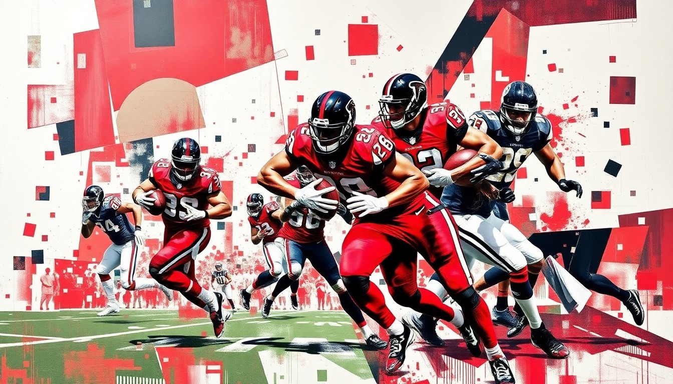 A fractured, geometric painting in the colors of the Atlanta Falcons, with sharp planes and angles representing the motion and energy of a football game, conceptually illustrating the team