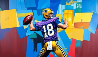 A cubist, geometric painting depicting a quarterback in motion, with the player