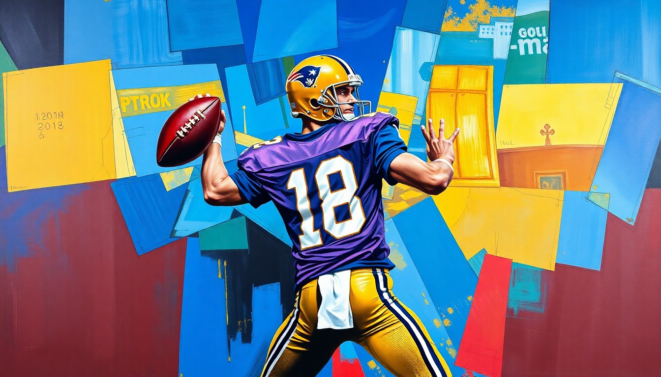 A cubist, geometric painting depicting a quarterback in motion, with the player