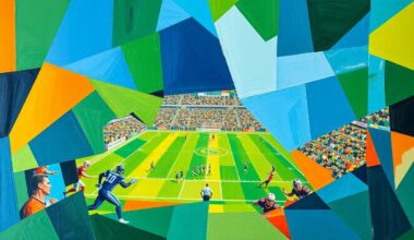 A cubist, geometric painting depicting a fragmented football game, with sharp planes of blue, green, and orange representing the dynamic action on the field.